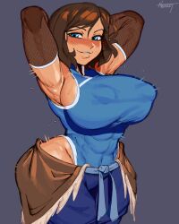 1girls abs alternate_breast_size alternate_version_available armpits arms_behind_head avatar_the_last_airbender big_breasts blue_eyes blush breasts breasts_bigger_than_head brown_hair clothing erect_nipples erect_nipples_under_clothes eyewear female female_only grey_background huge_breasts korra large_breasts leotard_under_clothes looking_at_viewer muscular_female musk nezulet nickelodeon nipple_bulge short_hair smell solo standing steaming_body straight_hair sweat the_legend_of_korra upper_body wide_hips