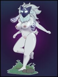 absurd_res anthro bovid caprine female fur glowing glowing_eyes goat hi_res kindred league_of_legends mammal mask maskofravens nipple_piercing nipples nude piercing riot_games solo tail_motion tailwag video_games white_body white_fur