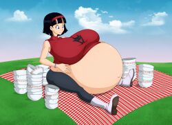 1girls belly belly_button belly_stuffing big_belly big_breasts black_hair bloated bloated_belly blue_eyes bowl breasts canon_pregnancy dragon_ball dragon_ball_super dragon_ball_z empty_bowls female female_only hand_on_belly huge_belly huge_breasts mature_female navel outie_navel picnic pregnancy_cravings pregnant saburox sitting solo_female stuffed stuffed_belly stuffing videl videl_(dragon_ball_super)