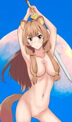 1girls absurdres achmad_faisal animal_ears arms_up blush breasts brown_hair chest_tattoo female frown hair_censor hair_over_breasts highres long_hair looking_at_viewer moon nipples nude outdoors pink_eyes pubic_hair pussy raccoon_ears raccoon_girl raccoon_tail raphtalia solo sword tail tate_no_yuusha_no_nariagari tattoo weapon weapon_behind_back