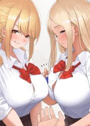 2girls big_breasts blonde_hair breasts kaisen_chuui looking_at_viewer multiple_girls school_uniform smile smiling_at_viewer tagme