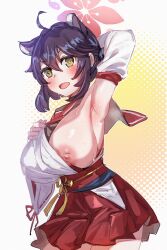 ahoge allied_hyakkiyako_academy_student animal_ears areolae arm_behind_head armpits black_hair blue_archive blush bow_(bhp) breasts cowboy_shot detached_sleeves female hair_between_eyes hakama hakama_skirt halo huge_breasts inner_discipline_club_(blue_archive) japanese_clothes kaede_(blue_archive) looking_at_viewer nipples one_breast_out open_mouth red_hakama short_hair shortstack skirt solo sweat