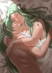 1boy 1girls byleth_(fire_emblem) byleth_(fire_emblem)_(male) cleavage cuddling female fire_emblem fire_emblem:_three_houses green_hair group_sleeping hair_flower hug large_breasts long_hair male muscular muscular_male nintendo rhea_(fire_emblem) rinku_bny short_hair sleeping smile topless very_long_hair wholesome