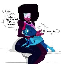 2girls big_ass big_hair blue_hair blue_skin couch english_text garnet_(steven_universe) lapis_lazuli_(steven_universe) multiple_girls open_mouth over_the_knee spanking steven_universe xubbles