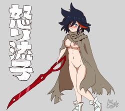 1girls almost_naked axlcrow1 black_hair breasts cape cloak functionally_nude functionally_nude_female kill_la_kill matoi_ryuuko naked_cloak nude pussy red_hair scissor_blade