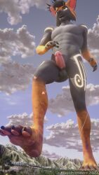 2022 5_fingers anthro balls blender_(software) city felid feline fingers freschrenders fur genitals hi_res legacy_(freschrenders) lynx macro male mammal mountain muscular muscular_male open_mouth penis