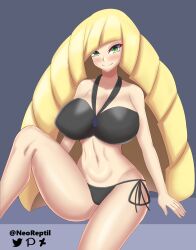 1girls alternate_breast_size alternate_version_available big_breasts bikini bikini_bottom bikini_top black_bikini blonde_hair blush breasts female female_only game_freak green_eyes huge_breasts legs long_hair looking_at_viewer lusamine_(pokemon) mature mature_female milf mother neoreptil pokemon pokemon_sm smile solo solo_female thick_thighs thighs