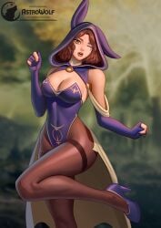 1girls astrowolf auburn_hair big_breasts brunette cleavage elden_ring female female_only fromsoftware gloves heels hood melina_(elden_ring) pantyhose purple_clothing purple_nails solo