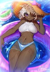 1girls cucumber dark_skin happy_tree_friends hat human humanized inflatable lammy_(htf) looking_at_viewer mary_felizola one_eye_closed purple_eyes solo straw_hat swimsuit water wet white_hair