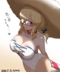 ateam beach beach_hat big_ass big_breasts big_butt blonde_hair forseti glasses hat large_breasts one-piece_swimsuit one_eye_covered one_eye_obstructed ponytail shoulders sidelocks swimsuit swimwear valkyrie_connect white_skin