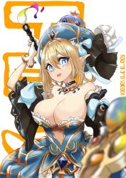 1girls ateam barely_covered_breasts big_breasts blonde_hair blue_eyes breasts dress dronna elf elf_ears elf_female exposed_shoulders gloves hat large_breasts light-skinned_female light_blue_eyes massive_breasts pointy_ears revealing_clothes revealing_outfit valkyrie_connect