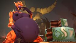 3d belly belly_stuffing big_belly bloated bloated_belly breasts cake demon demon_girl doom doom_(series) doom_eternal eating food imp_(doom) nipples sirsaltshaker stuffed stuffed_belly stuffing