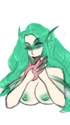 black_lips frog_tongue green_eyes green_hair green_nipples mermaid original_character siren timidbirb
