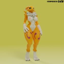 3_fingers anthro bandai_namco big_breasts black_sclera blender_(software) blue_eyes breasts digimon digimon_(species) dr4ch3n female fingers genitals gradient_background hand_on_leg hand_on_thigh neck_tuft nipples pussy renamon simple_background solo thick_thighs tuft warfare_machine yellow_body