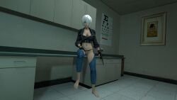 3d 3d_(artwork) angel_(kof) blue_eyes boob_window breasts clothed exam_table examination_room feet female female_focus female_only jacket king_of_fighters laarian pistol sfm sitting snk source_filmmaker weapon white_background white_body white_hair white_skin