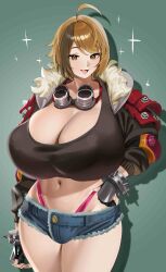 1girls ahoge belly_button breasts brown_eyes busty character_request cleavage female fingerless_gloves huge_breasts jean_shorts large_breasts light-skinned light-skinned_female light_skin mouth_open nia_(nia4294) open_mouth open_smile original original_character shorts smike smiling solo streetwear thick_thighs thighs