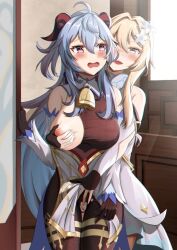 2girls blonde_hair blue_hair blush breast_squeeze exposed_breasts exposed_pussy female female_only fondling fondling_breast ganyu_(genshin_impact) genshin_impact groping groping_from_behind hand_on_crotch horns long_hair lumine_(genshin_impact) multiple_girls one_breast_out open_mouth partially_nude ripped_clothing ripped_tights short_hair yuri