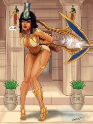 1girls black_hair blue_eyes bob_cut breasts dark-skinned_female egyptian egyptian_clothes egyptian_female egyptian_mythology female goddess gold_(metal) gold_heels gold_jewelry headdress high_heels jewelry lipstick looking_at_viewer middle_eastern_mythology mythology neith_(smite) revealing_clothes slim_waist smite solo sparkietheartist standing weapon wide_hips