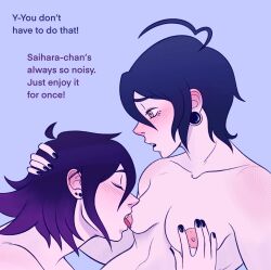 2boys ahoge before_sex blush breasts danganronpa danganronpa_v3 dialogue ear_piercing earrings english_text gay hand_on_head licking male male_only male_with_breasts nail_polish nipple_licking nipple_tweak nipples notchucktingle ouma_kokichi saihara_shuuichi short_hair small_breasts straight_hair text