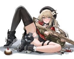 1other absurdres beret blue_eyes blush brown_hair character_request cherry dress female fingering food fruit girls'_frontline gloves gun hair_ornament hat highres long_hair m110_(girls'_frontline) pussy sawkm single_thighhigh skirt socks solo spread_legs sweat thigh_strap thighhighs thighs weapon