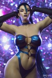 1girls 3d absurd_res blue_hair breasts cleavage female female_only hi_res k/da_all_out_kai'sa k/da_all_out_series kai'sa league_of_legends looking_at_viewer purple_eyes smz-69 solo thighs wet wide_hips