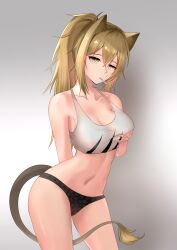 absurdres adapted_costume animal_ear_fluff animal_ears arknights arm_behind_back bare_shoulders black_panties blonde_hair breasts candy cleavage collarbone contrapposto cowboy_shot crop_top expressionless female food grey_background highres large_breasts lion_ears lion_girl lion_tail lollipop long_hair looking_at_viewer mouth_hold navel panties self_fondle siege_(arknights) simple_background sleeveless solo stomach tail underwear yellow_eyes yzbr