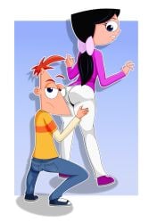 1boy 1girls 4427strudel aged_up ass ass_grab black_hair blue_eyes border canon_couple couple couple_(romantic) female from_behind full_body half_squat isabella_garcia-shapiro long_hair looking_at_viewer looking_back orange_hair outline outside_border phineas_and_ferb phineas_flynn pointy_nose ponytail purple_background rear_view red_hair short_hair small_nose squat surprised surprised_expression thighs triangle_head viewed_from_behind white_background white_border white_outline white_pants