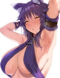 absurdres animal_ear_fluff animal_ears arm_strap armpit_fetish armpits arms_behind_head arms_up bangs bikini blush bracelet breasts criss-cross_halter female halterneck highres jewelry kurowa large_breasts looking_at_viewer makoto_(princess_connect!) medium_hair open_mouth princess_connect! purple_bikini purple_hair sidelocks solo swimsuit wet white_background wolf_ears wolf_girl yellow_eyes