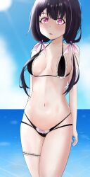 1girls 2022 arms_behind beach bikini black_hair blush clouds female female_only hina_misora light-skinned_female light_skin long_hair looking_at_viewer maid_bikini ocean open_mouth pink_eyes sky swimsuit virtual_youtuber wactor wactor_es wactor_production