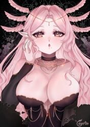 1girls artist_name axolotl_girl ayrinsama_(artist) beauty_marks big_breasts blush female female_only indie_virtual_youtuber jewelry light-skinned_female light_skin looking_at_viewer ophelia_(nymphelia) pink_hair pointy_ears solo virtual_youtuber