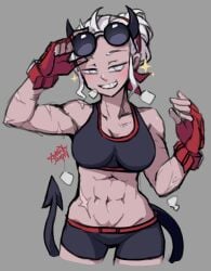1girls abs big_breasts blind bra breasts demon demon_girl eyewear_on_head female female_focus female_only gloves grey_background helltaker justice_(helltaker) muscular muscular_female shorts sports_bra sports_shorts sports_uniform sportswear sunglasses sunglasses_on_head tomboy white_hair