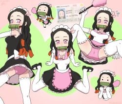 1girls 2022 5_fingers black_hair breasts chibi demon_slayer driver's_license female female_only gunbooster id_card identification identification_card kamado_nezuko kimetsu_no_yaiba long_hair maid maid_outfit maid_uniform panchira panties pantyshot pantyshot_(standing) pink_eyes pink_panties shoes solo upskirt