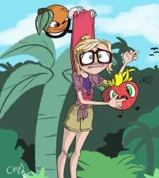 bandaid bandaid_on_knee barry_(cwacom) big_glasses blonde_hair citrus_sin_bin cloudy_with_a_chance_of_meatballs female forest glasses green_eyes hanging_wedgie lifted_by_another nerd orange palm_tree red_panties samantha_sparks sky sony_pictures_animation strawberry toony tropical underwear waddling_head wedgie wince