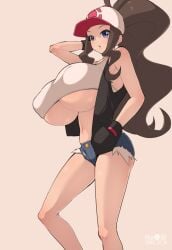 1girls 2022 alternate_breast_size artist_signature blue_eyes booty_shorts breasts brown_hair clothed clothed_female female female_only hat hilda_(pokemon) huge_breasts long_hair long_ponytail massive_breasts nanashi_maru nintendo pokemon pokemon_bw ponytail short_shorts shorts simple_background tank_top thighs top_heavy white_hat