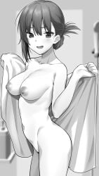 absurdres areolae bangs blush breasts collarbone completely_nude cowboy_shot eyebrows_visible_through_hair eyelashes female female folded_ponytail greyscale groin hair_between_eyes heart highres holding holding_towel indoors looking_at_viewer medium_breasts monochrome navel nipples nude open_mouth original ponytail pubic_hair shampoo_bottle shiny shiny_skin short_hair shower_head smile solo standing stomach sweat towel towel_around_waist tsukimoto_kizuki