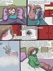 2012 3:4 anthro babystar biped blush clothing comic detailed_background dialogue english_text female fur gem_(babystar) hair hi_res mammal rodent sciurid shirt sitting solo standing text topwear wet wet_clothing