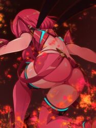 ass ass_focus back breasts f_1chan female fire from_behind glowing huge_ass large_breasts midriff one_knee pyra red_hair short_shorts shorts suspender_shorts suspenders thighhighs xenoblade_chronicles_(series) xenoblade_chronicles_2