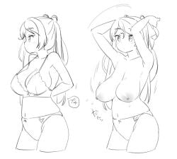 arms_behind_back arms_up bra breasts closed_mouth conte_di_cavour_(kantai_collection) eyebrows_visible_through_hair female flying_sweatdrops greyscale hair_between_eyes kantai_collection large_breasts long_hair monochrome multiple_views nipples panties sagging_breasts simple_background sketch tamu_(mad_works) underwear undone_bra undressing