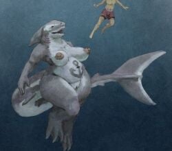 2022 anthro belly belly_tattoo big_breasts breasts duo female fish genitals hi_res huge_hips human lamniform male mammal marine megalodon navel nipples nude overweight overweight_female pussy shark size_difference tattoo thick_tail thick_thighs underwater upai water