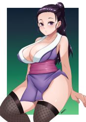 1girls big_breasts breasts demon_slayer eye_contact female female_focus female_only fishnet_stockings fully_clothed hinatsuru_(kimetsu_no_yaiba) huge_breasts kimetsu_no_yaiba looking_at_viewer morris purple_eyes purple_hair solo thick_thighs thighs wide_hips