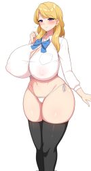 1girls aikome_(haikome) bare_thighs bikini_bottom blonde_hair blush breasts button_gap curvy female female_only haikome hips huge_breasts long_hair looking_at_viewer mari_(haikome) massive_breasts mature_female midriff milf mother narrow_shoulders no_pants original original_character panties purple_eyes school_uniform side-tie_panties simple_background skindentation slim_waist smile straining_buttons string_panties thick_thighs thighhighs thighs white_background wide_hips