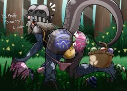 accessory all_fours anthro anus armwear ass backsack balls basket bedroom_eyes bottomless bottomless_anthro bottomless_male clothed clothing container curved_horn easter easter_egg egg_in_ass egg_insertion elbow_gloves enko_(mrt0ony) fangs fingerless_gloves footwear forest forest_background genitals gloves half-closed_eyes handwear headband heart hi_res holidays horn inviting kobold legwear looking_at_viewer looking_back male mrt0ony narrowed_eyes nature nature_background open_mouth open_smile paint_on_self panties panties_around_thighs panties_down partially_clothed perineum plant presenting presenting_anus presenting_balls presenting_hindquarters raised_tail seductive shirt smile smirk smug smug_face smug_grin socks solo stockings tank_top toeless_footwear toeless_legwear toeless_socks toeless_stockings topwear tree underwear underwear_down