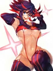 1girls blue_eyes breasts female female_only fumio_(rsqkr) hi_res kill_la_kill large_breasts looking_at_viewer matoi_ryuuko multicolored_hair pose solo thick_thighs thighhighs thighs tomboy underboob wide_hips