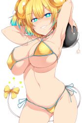 +_+ absurdres aqua_hair armpits arms_behind_head arms_up bangs bikini blonde_hair blue_eyes bomb bombergirl bow breasts cowboy_shot eyebrows_visible_through_hair female female grin half-closed_eyes halterneck highres large_breasts mouse_tail multicolored_hair navel pine_(bombergirl) short_hair side-tie_bikini simple_background skindentation smile solo streaked_hair string_bikini swimsuit tail tail_bow tail_ornament tsukasawa_takamatsu white_background yellow_bow