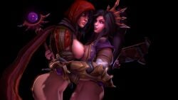 2girls 3d ambrosine92 areolae black_hair blizzard_entertainment breast_press diablo diablo_3 female_only functionally_nude heroes_of_the_storm hug li-ming valla_(diablo) yuri