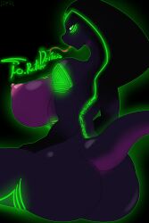 anthro big_breasts black_scales breasts cobra female green_eyes green_scales looking_at_viewer looking_back purple_scales qhala ratherdevious scalie snake tagme tongue