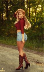 1girls 2020 3d artist_logo big_ass big_breasts big_butt blonde_hair boots clothed clothing crop_top female female_only high_heel_boots high_heels jean_shorts large_breasts long_hair looking_at_viewer mrf0xx older_female outdoor outdoors outside pinup slushe_(website) solo solo_female standing walking