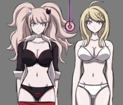 2girls ahoge akamatsu_kaede blonde_hair bra breasts choker cleavage coin danganronpa danganronpa_v3 electrickronos empty_eyes expressionless femsub grey_eyes hair_ornament hypnosis junko_enoshima large_breasts lingerie long_hair long_nails mind_control miniskirt multiple_girls necktie painted_nails panties pendulum pink_hair purple_eyes school_uniform skirt standing_at_attention strawberry_blonde_hair twintails underwear undressing very_long_hair