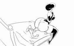 1boy 1girls animated ass bed big_dom_small_sub elbow_gloves female fred_perry huge_ass larger_female monochrome reverse_cowgirl_position sex short_hair size_difference smaller_male thick_thighs