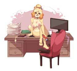 absurd_res animal_crossing anthro big_breasts breasts canid canine canis chair computer_monitor crossed_legs desk docdraw domestic_dog electric_razor female furniture hair_clipper hi_res isabelle_(animal_crossing) mammal nintendo open_mouth shih_tzu sitting solo table thick_thighs toy_dog video_games